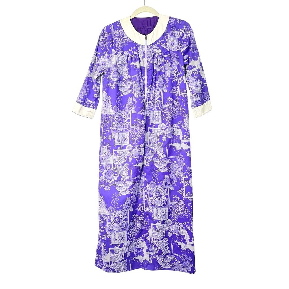 Vintage‎ 60s 70s Purple Floral Maxi Lounger Robe Dress Zip Front Mod Kimono Mumu